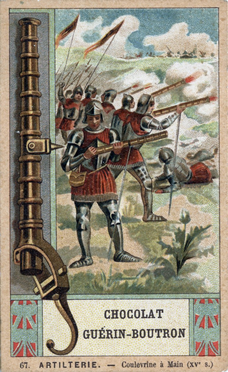 Knight manoeuvring a hand coulevrine from the 15th century (Chromolithography of the 19th century of Guérin-Boutron chocolates) by French School