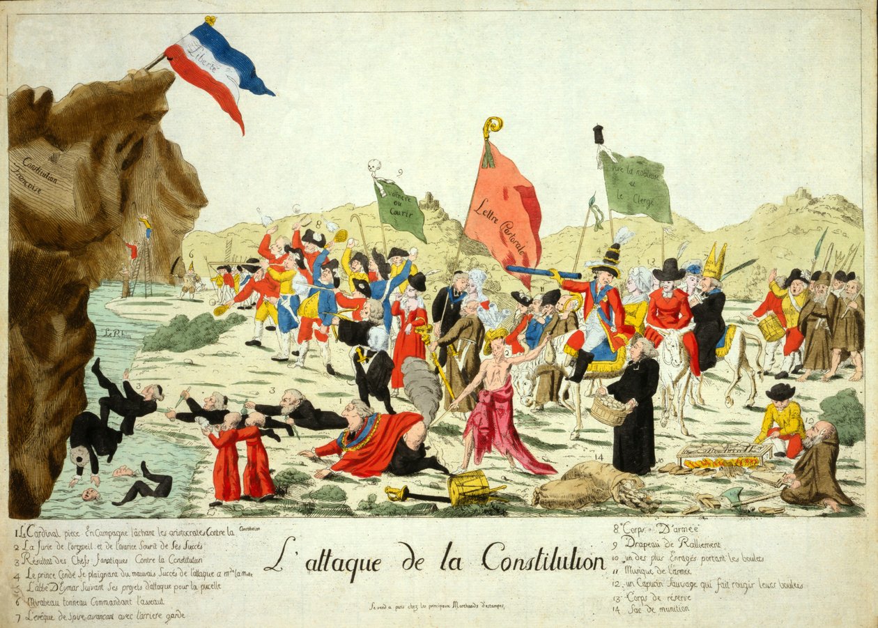 The Attack on the Constitution, pub. 1792 (hand-coloured engraving) by French School