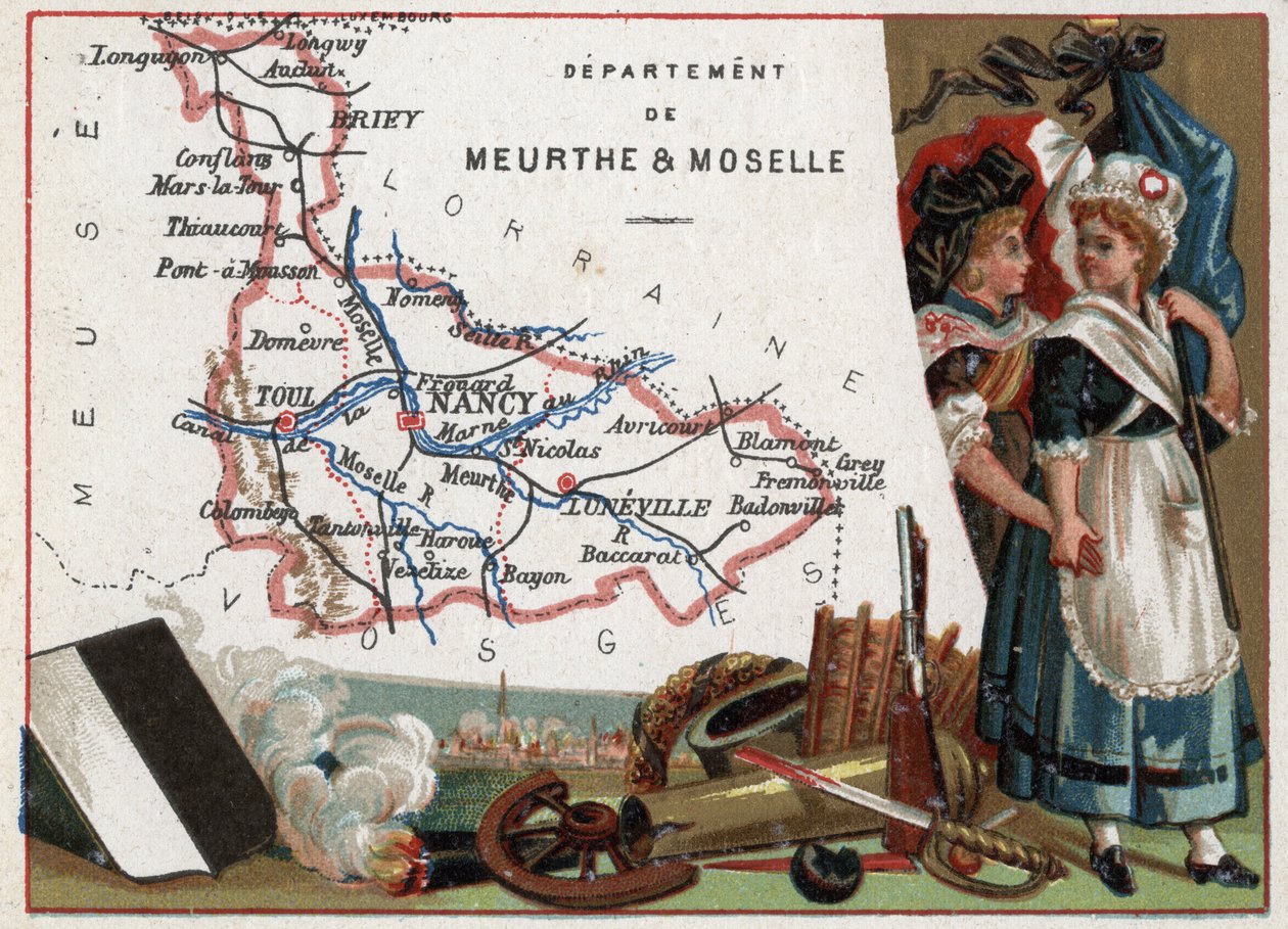 La Meurthe et Moselle (Meurthe-Et-Moselle, 54), Lorraine, France. Portrait of two revolutionary women. Series on the French Departments. Chromolithography 