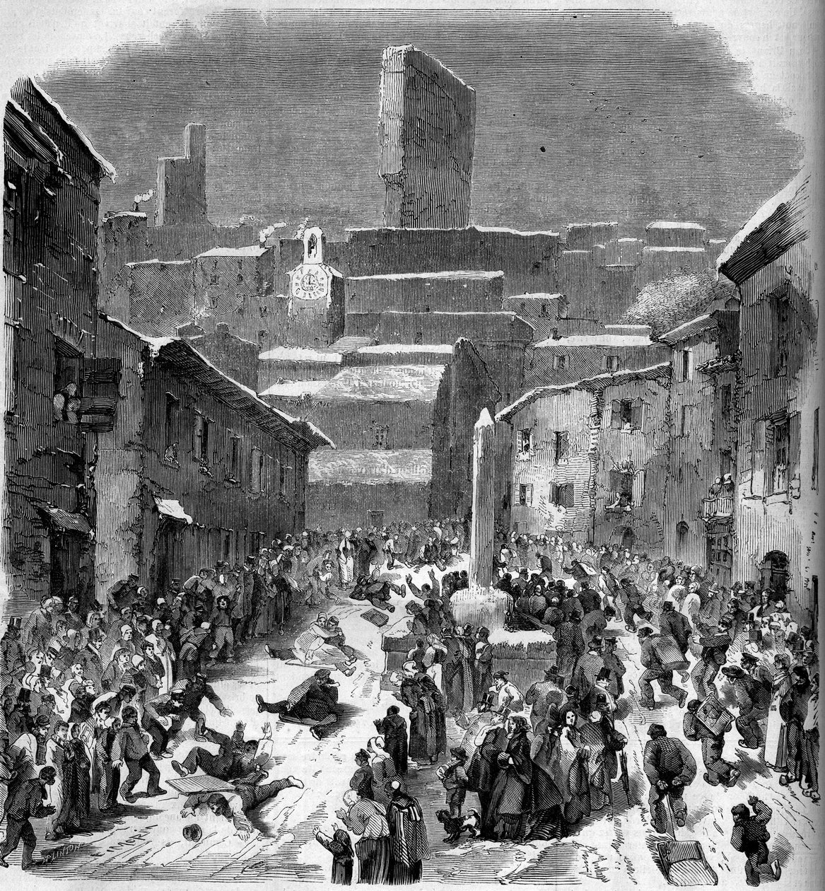 Sledding in Bourdeaux, Drome (26), Winter 1860 - Engraving in 