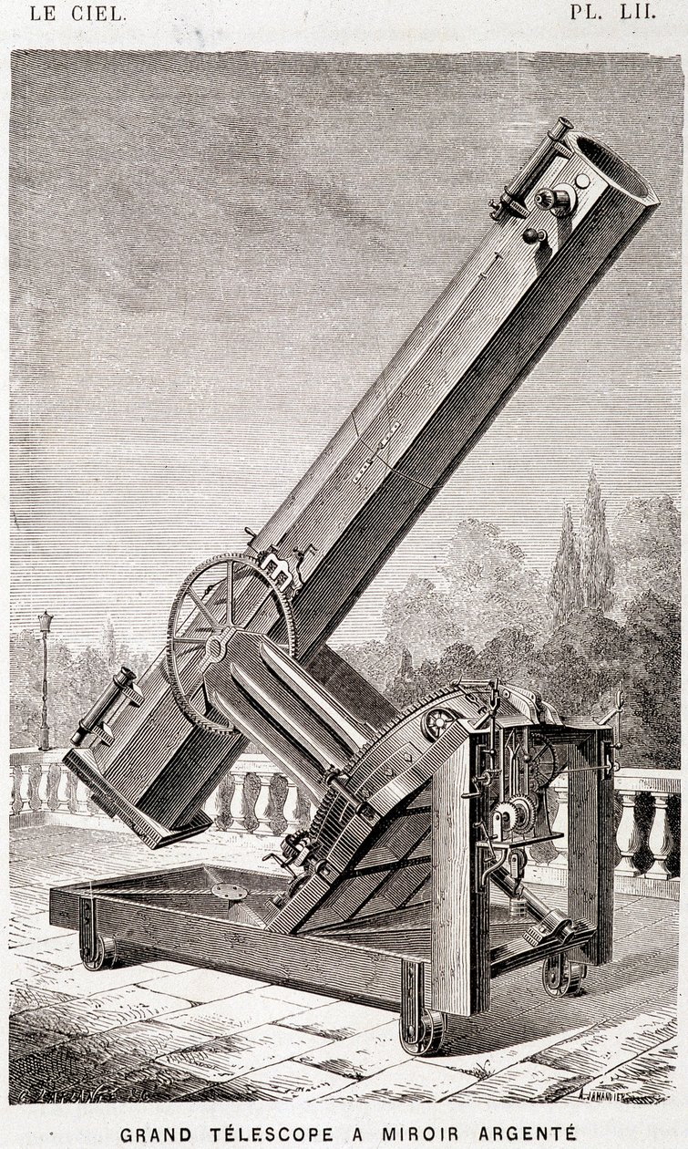 Large silver mirror telescope (Léon Foucault system), equatorially mounted for the Marseille Observatory - in The Sky by Amédée Guillemin, Hachette, Paris by French School