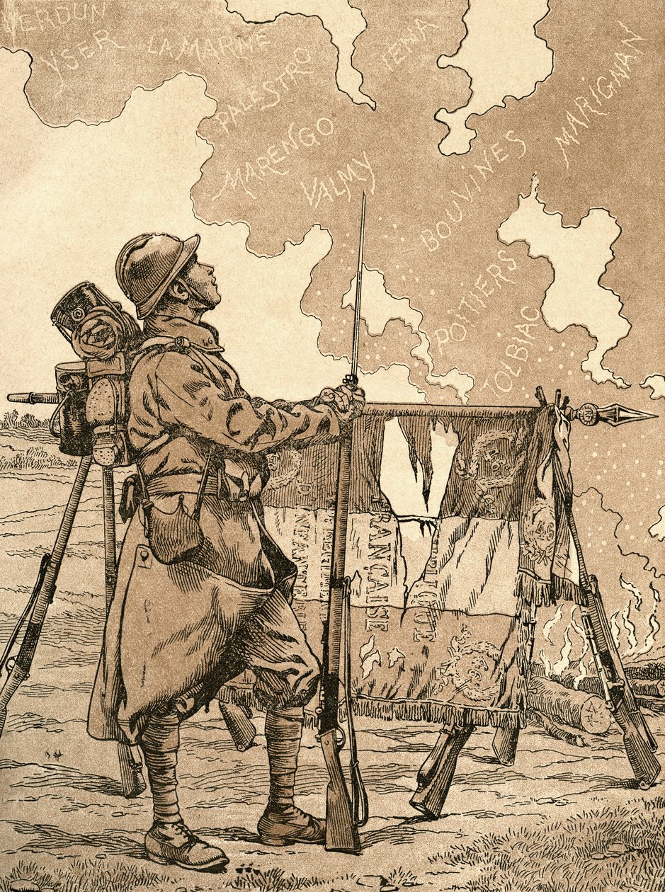 Le Bleuet. Symbol of memory and solidarity in France, for veterans and victims of the first world war. 1st World War French propaganda illustration evoking French victories through the ages. From Agenda Buvard du Bon Marche published 1917. by French School