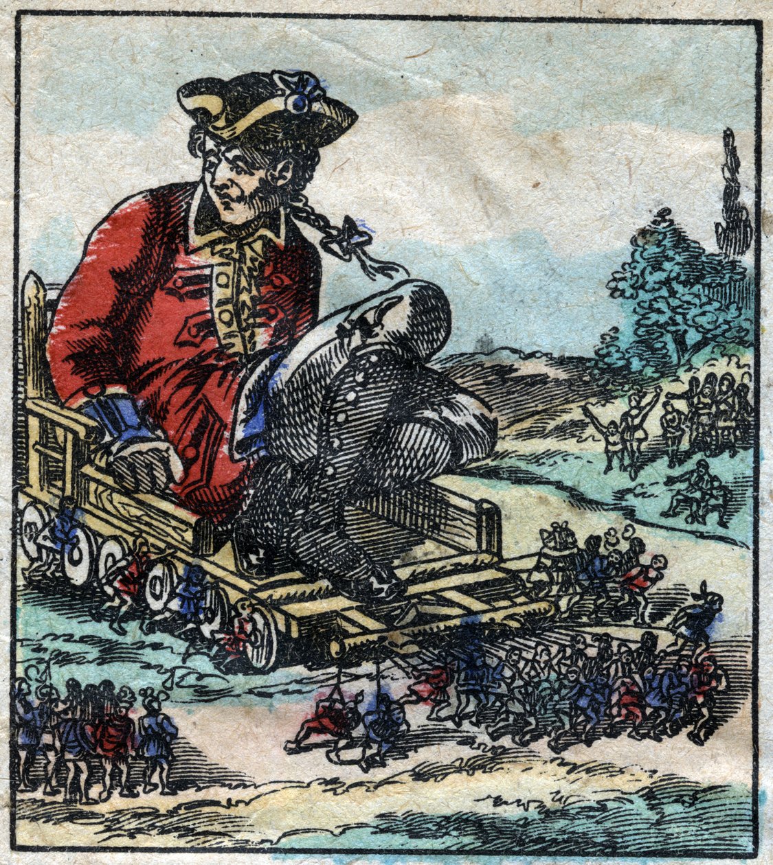 Lemuel Gulliver, a prisoner is transported on a cart pulled by the Lilliputians. Illustration for 