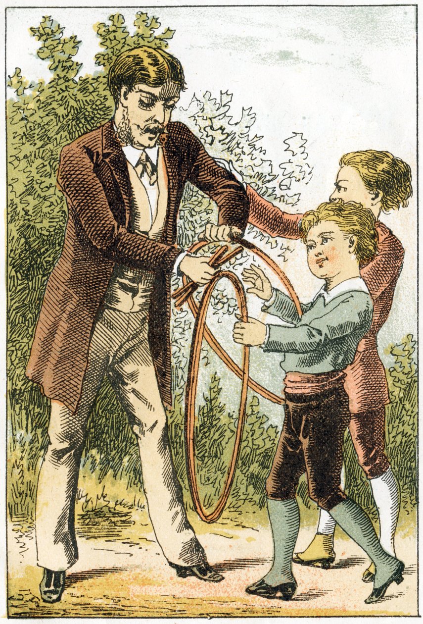 Leon and Lucien learned well to read and became little scientists - their parents to reward them bought pretty hoops - in “Alphabet des petits savants”, late 19th century (chromolithograph) by French School