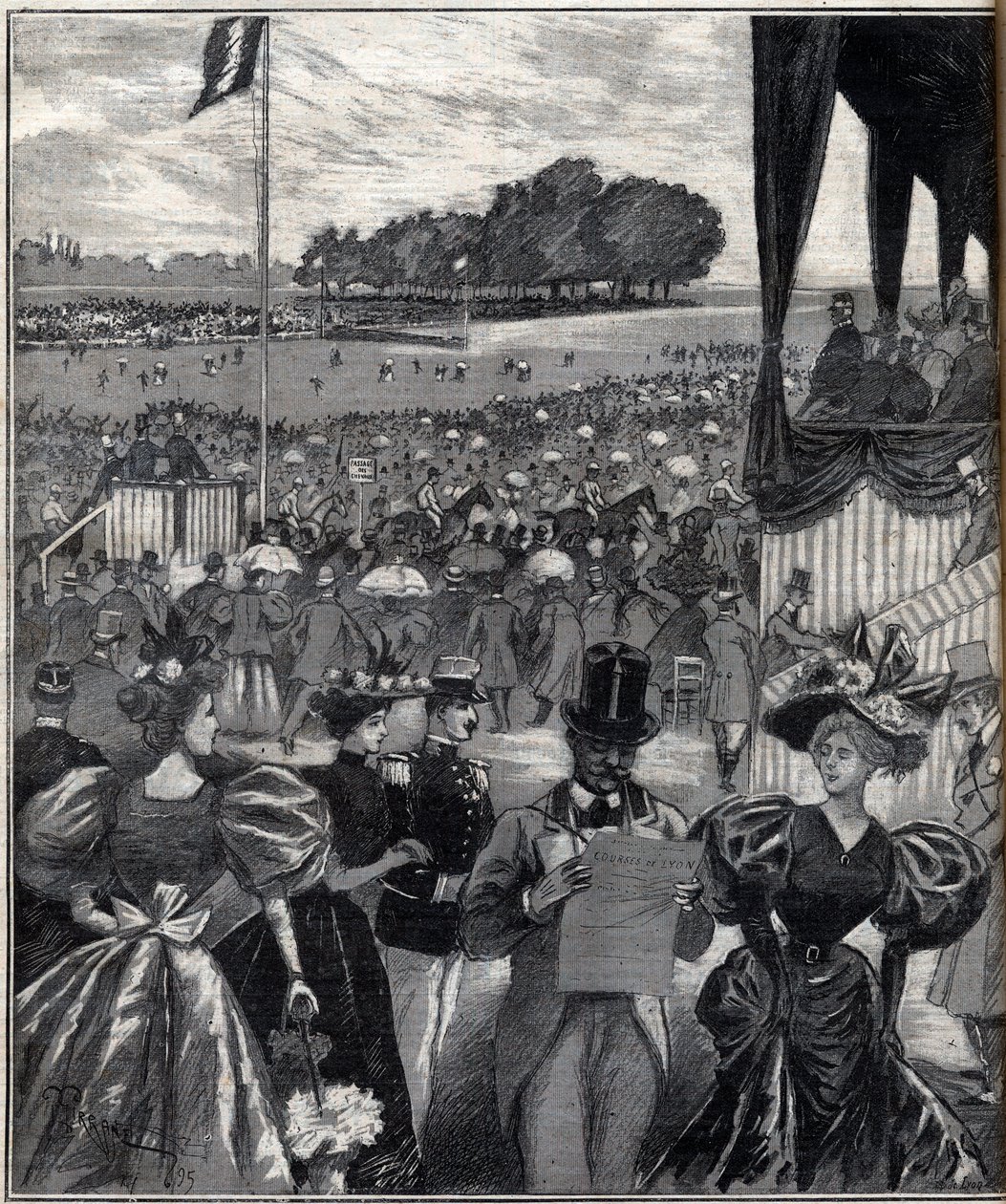 Les courses de lyon (racetracks de Lyon) - after the grand prix - engraving in “Le Progres illustrious” of 1895 by French School
