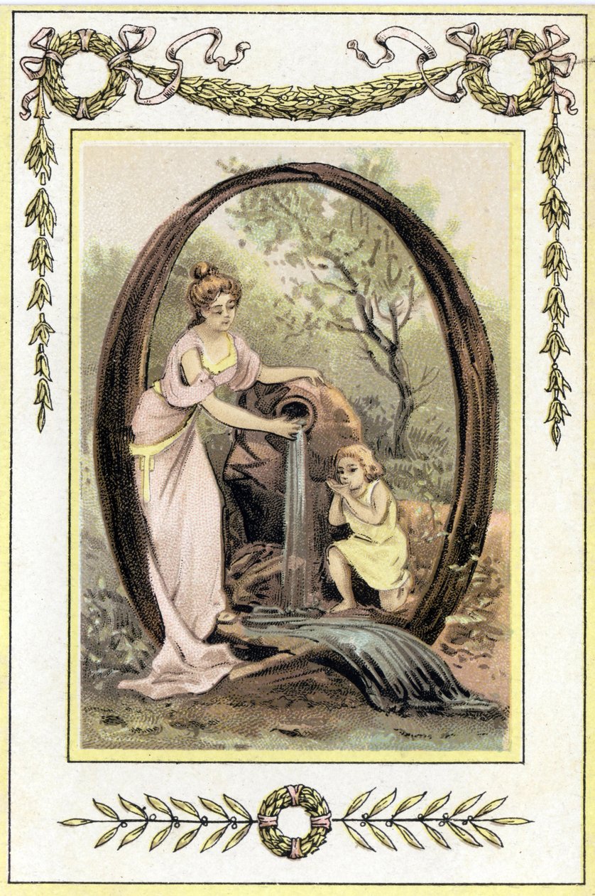 Letter Q Representing a Mother and Her Son Drinking Water from the Spring, Late 19th Century (chromolithograph) by French School