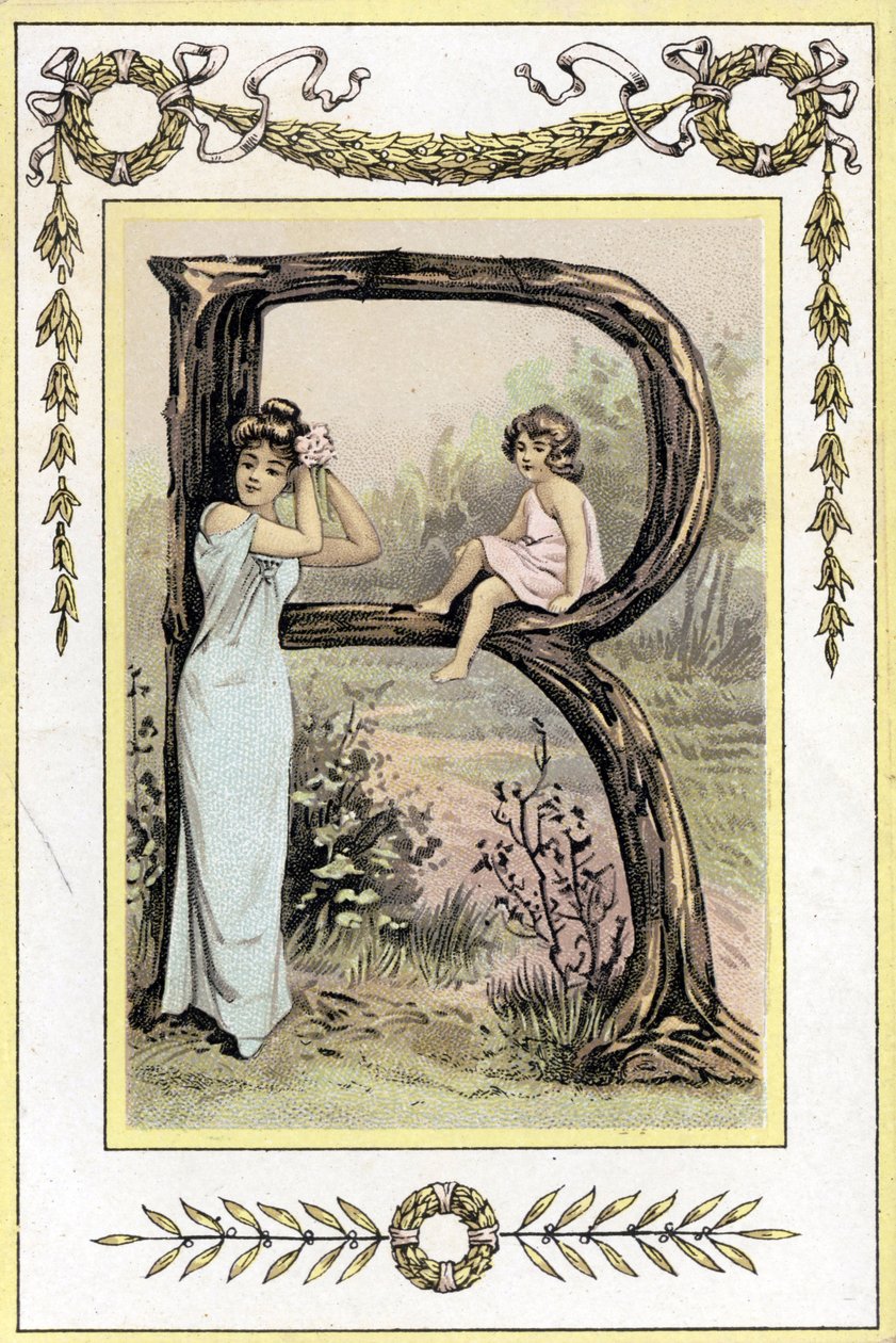 Letter R representing a mother and daughter, late 19th century (chromolithograph) by French School