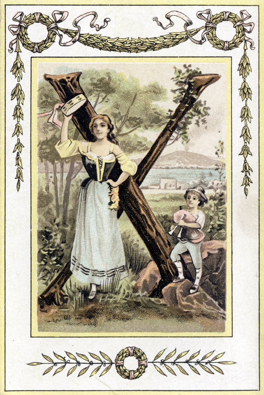 Letter representing a mother with a timpani and her son as a shepherd with a bagpipe, late 19th century (chromolithograph) by French School