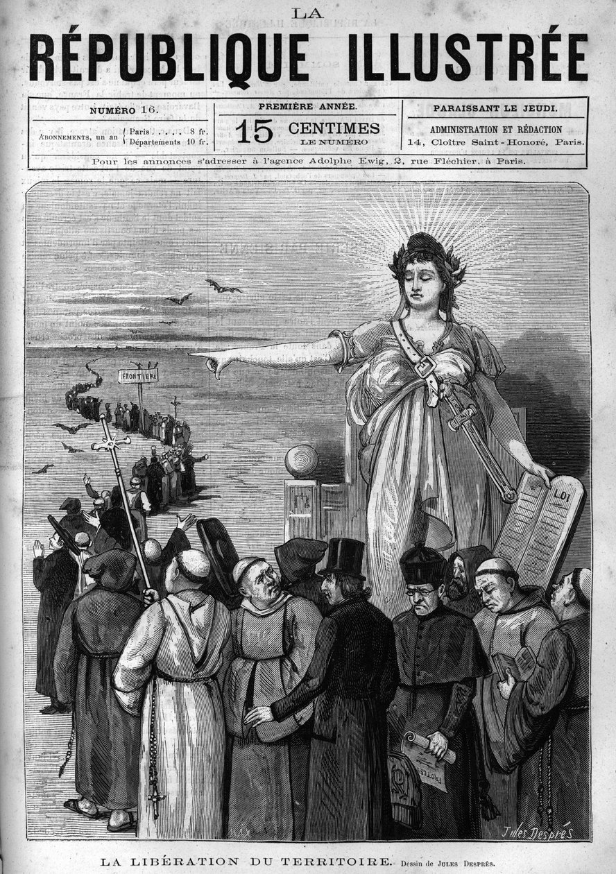 Liberation of the territory: the French Republic expels unauthorized religious congregations from French territory following the decrees of March 1880 taken by Jules Ferry and depriving them of the right to teach. A newspaper. Engraving from 1880 in 