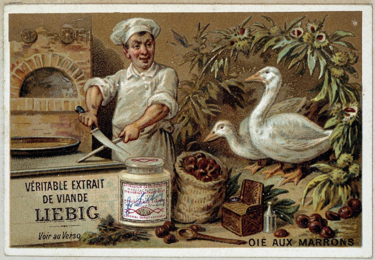 Liebig recipes: goose with chestnuts - chromo. Liebig by French School
