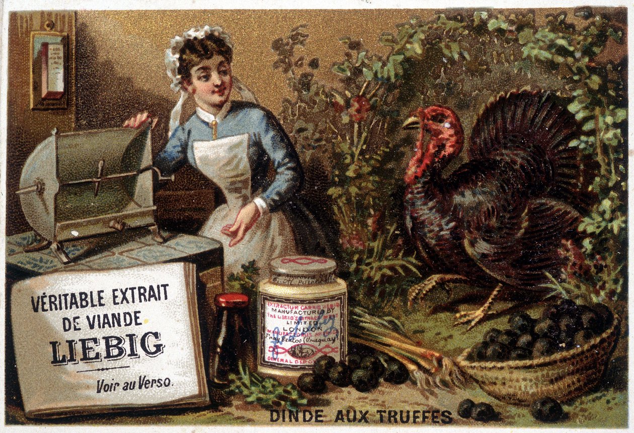 Liébig recipes: turkey with truffles - chromo. Liébig by French School