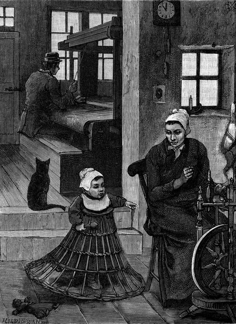 Linen: weaver interior with weaver and spinning wheel. Engraving in 