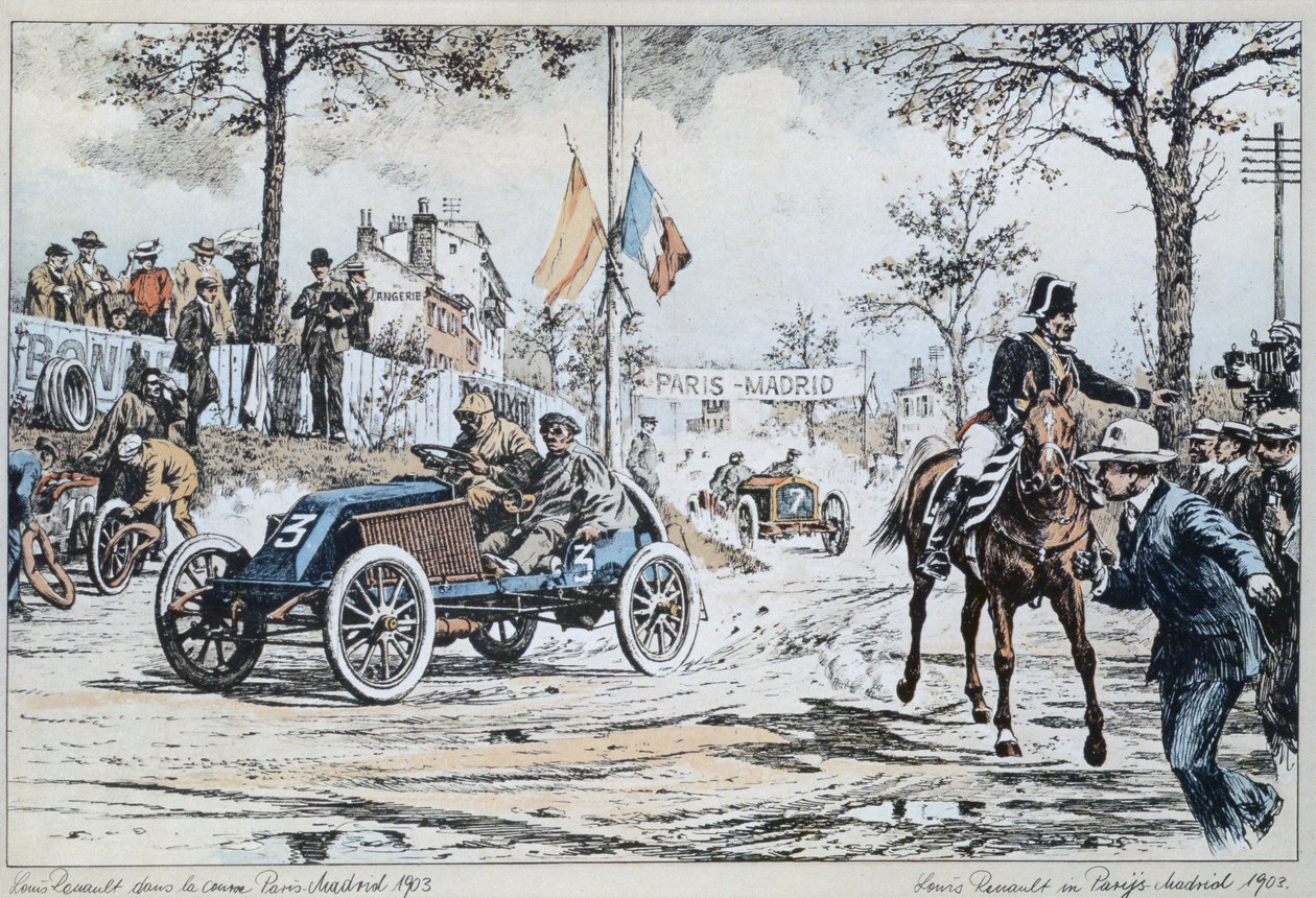 Louis Renault driving in the Paris to Madrid race of 1903, c.1903 by French School