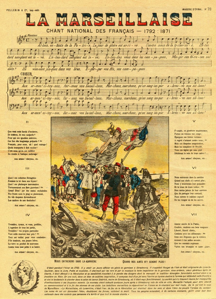 Lyrics and music of the Marseillaise, the French anthem composed by Rouget de Lisle by French School