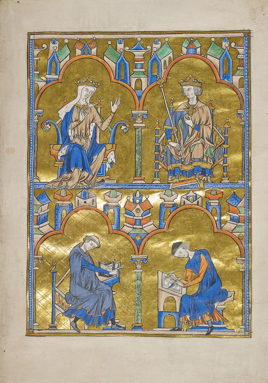 Blanche of Castile and King Louis IX of France and below: Author Dictating to a Scribe, Bible of Saint Louis (Moralized Bible), probably Paris by French School