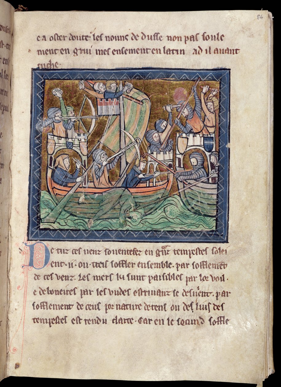Page of text with illumination of a sea battle, from De Re Militari, c.1270 by French School