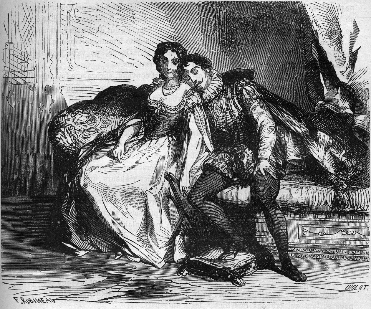 Madame de Sauve, acting for Queen Catherine de Medicis, seduced King Henry of Navarre (1553-1610). Engraving in 