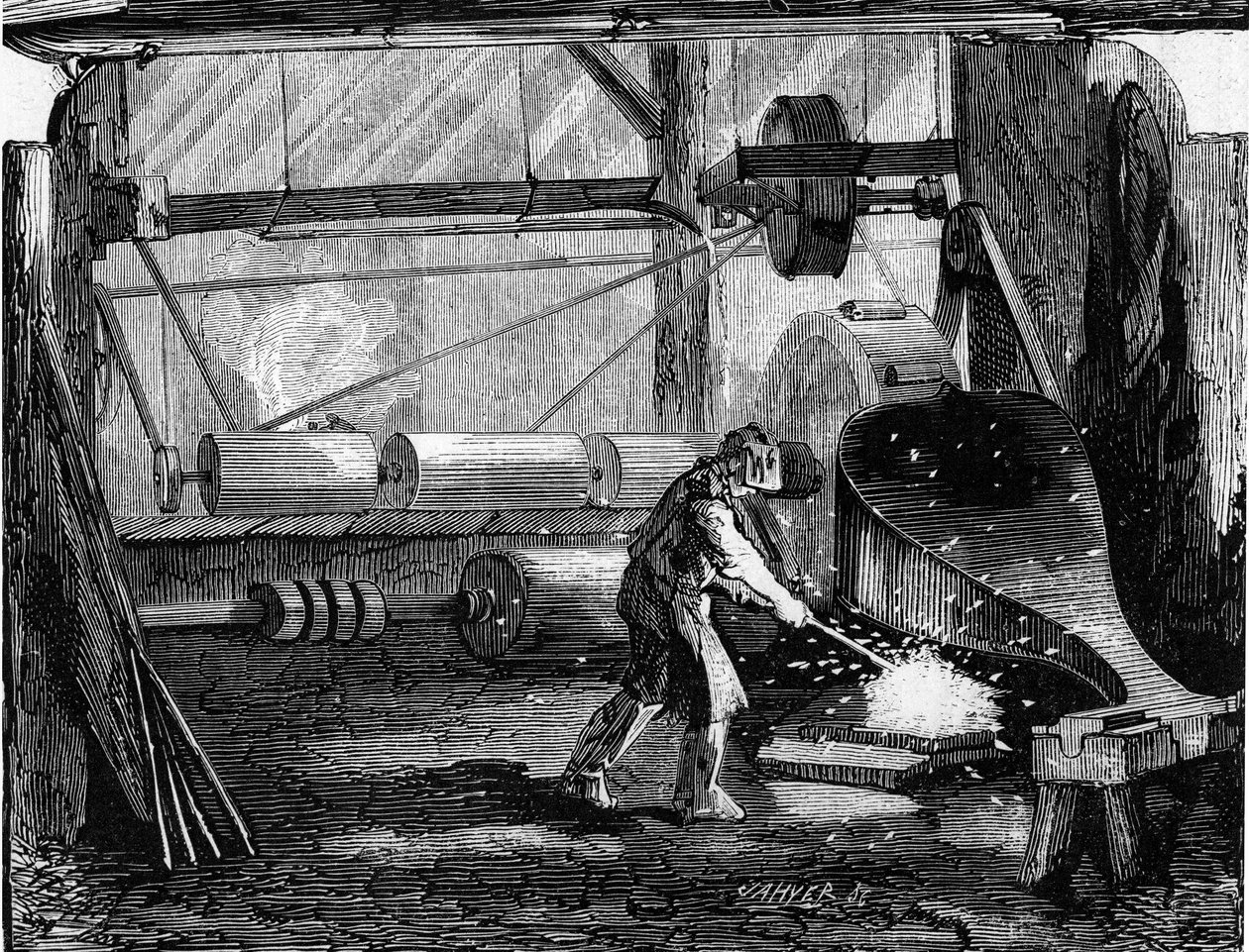 Manufacture of rifle cannons: the iron strips are red blank. Engraving in “Le Monde Illustré” n°35 of 12 December 1857. by French School