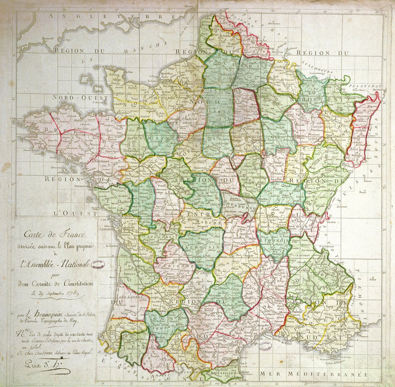 Map of France showing plans to divide Departments, 1789 by French School