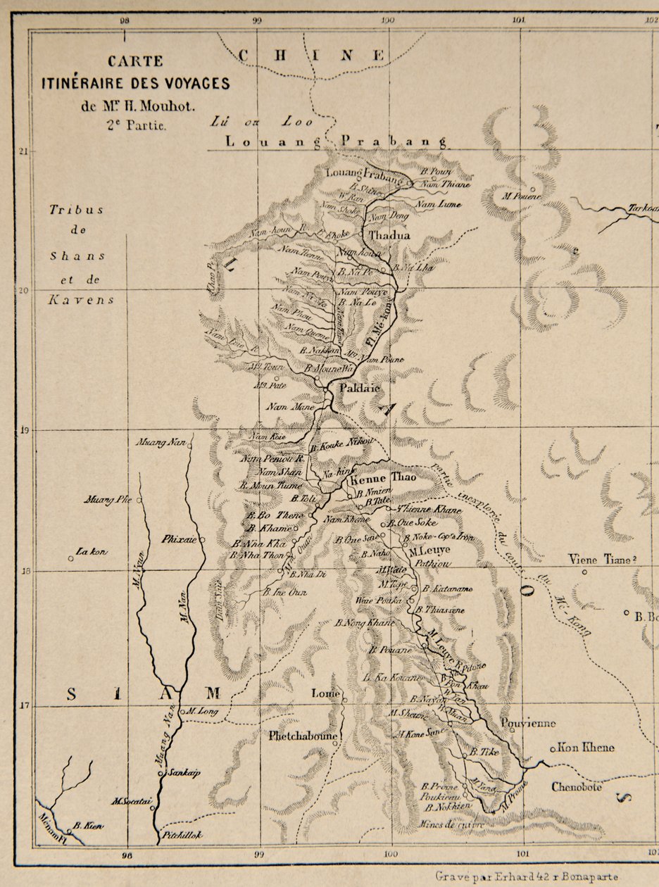 Map of Laos and the Mekong River Showing the Route of the Voyage of Henri Mouhot, Illustration from Travels in the Central Parts of Indo-China (Siam), Cambodia, and Laos During the Years 1858, 1859 by French School