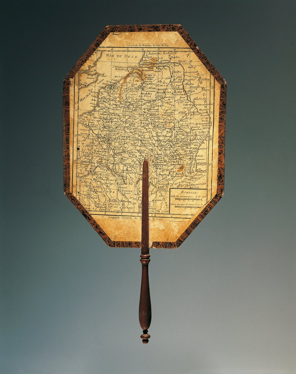 Map of Northeastern France, gouache-painted cardboard fan with watercolored print and shaped wood handle by French School