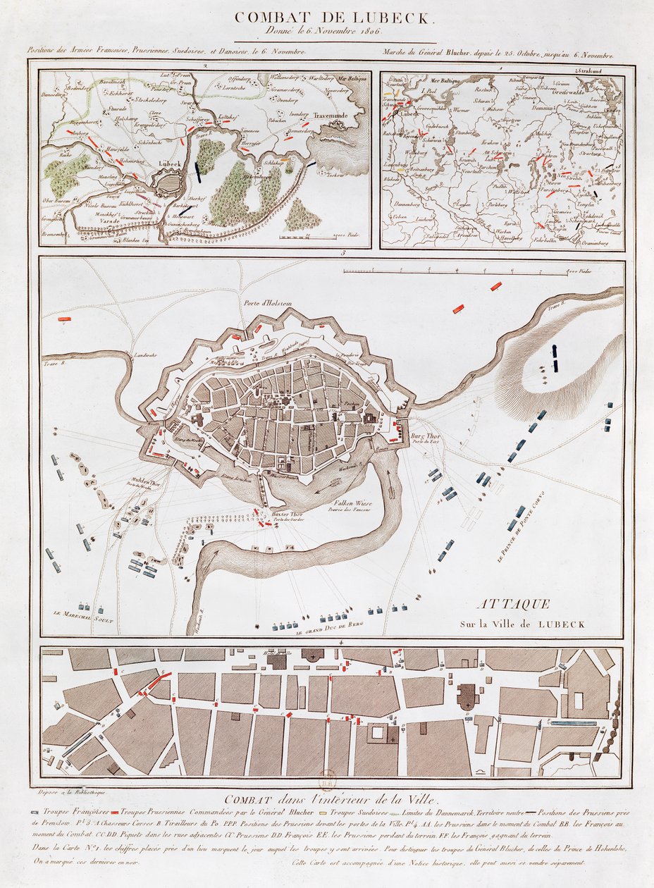 Map of combat at the Battle of Lubeck, showing positions of the French, Prussian, Swedish and Danish armies by French School