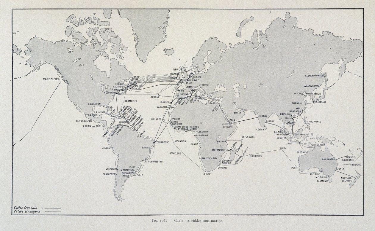 Map of submarine cables worldwide - in Through electricity by G. Davy by French School