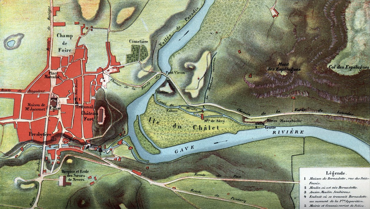 Map of the country of Lourdes in 1858, year of Bernadette Soubirous