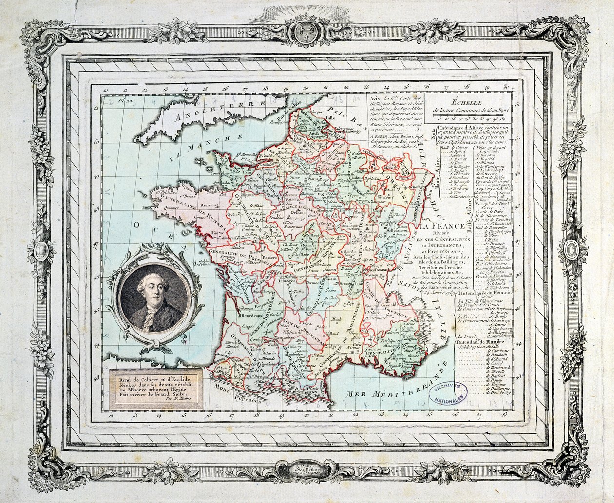 Map of the regions and districts of France, known as the Carte de Necker by French School