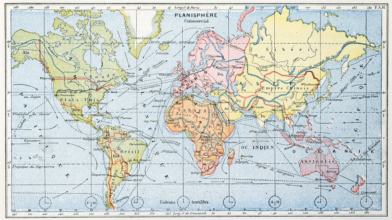Map showing the principal world trade shipping routes, 1912 by French School