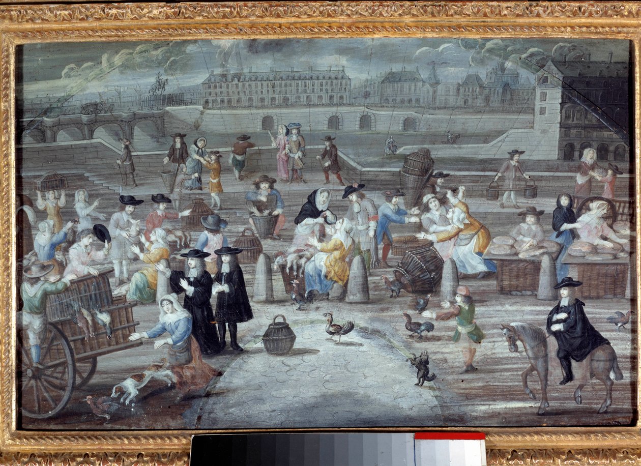Market at the poultry and bread, quai des Grands Augustins in Paris in 1660. Anonymous French painting by French School
