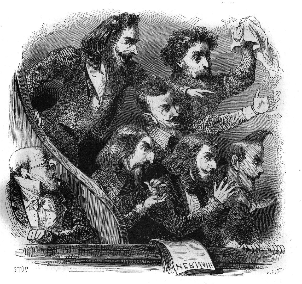 Members of the romantic literary movement attending the first representation of Victor Hugo