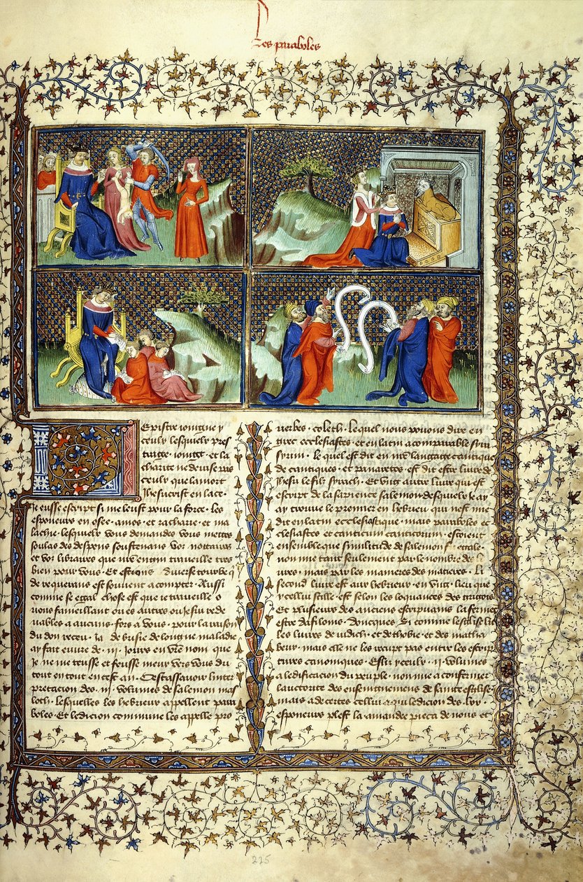 Miniature illustrating the Judgement of the Mothers, the Arrival of the Queen of Sheba, Solomon Teaching, and the Disputation of the Doctors, c.1410 by French School