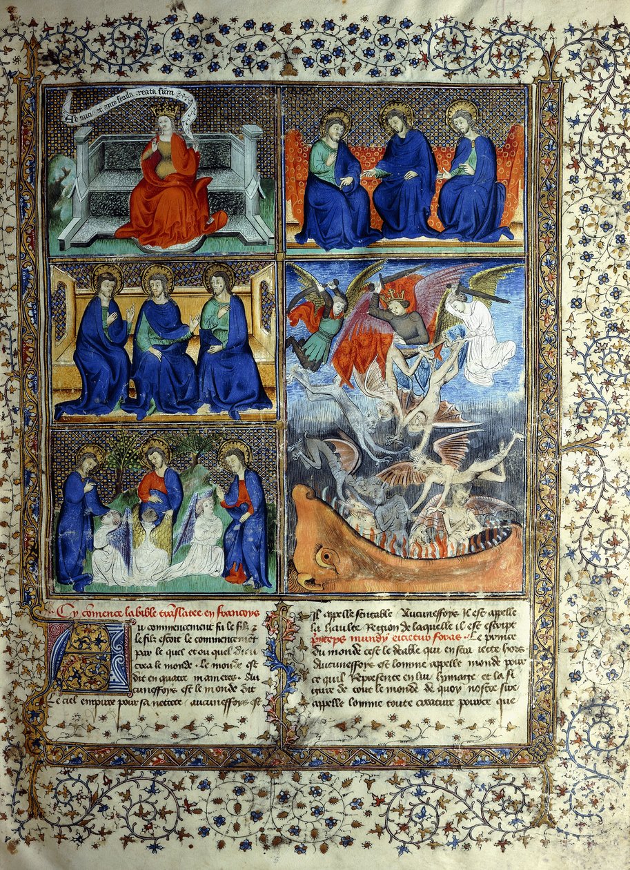 Miniature representing the Kingdom of Heaven before the creation: Sapientia, the Trinity, and the Expulsion of Lucifer from Heaven, c.1410 by French School