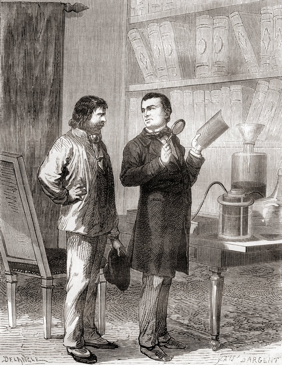 Moritz von Jacobi, on the Right, Discovering Galvanoplastics, or Electrotyping in 1838, from Les Merveilles de la Science, Published c.1870 by French School