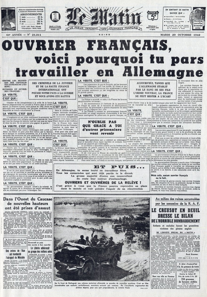 Morning Journal No. 21311 of 20 October 1942: The Sto - Compulsory Labour Service - Why go to work in Germany by French School