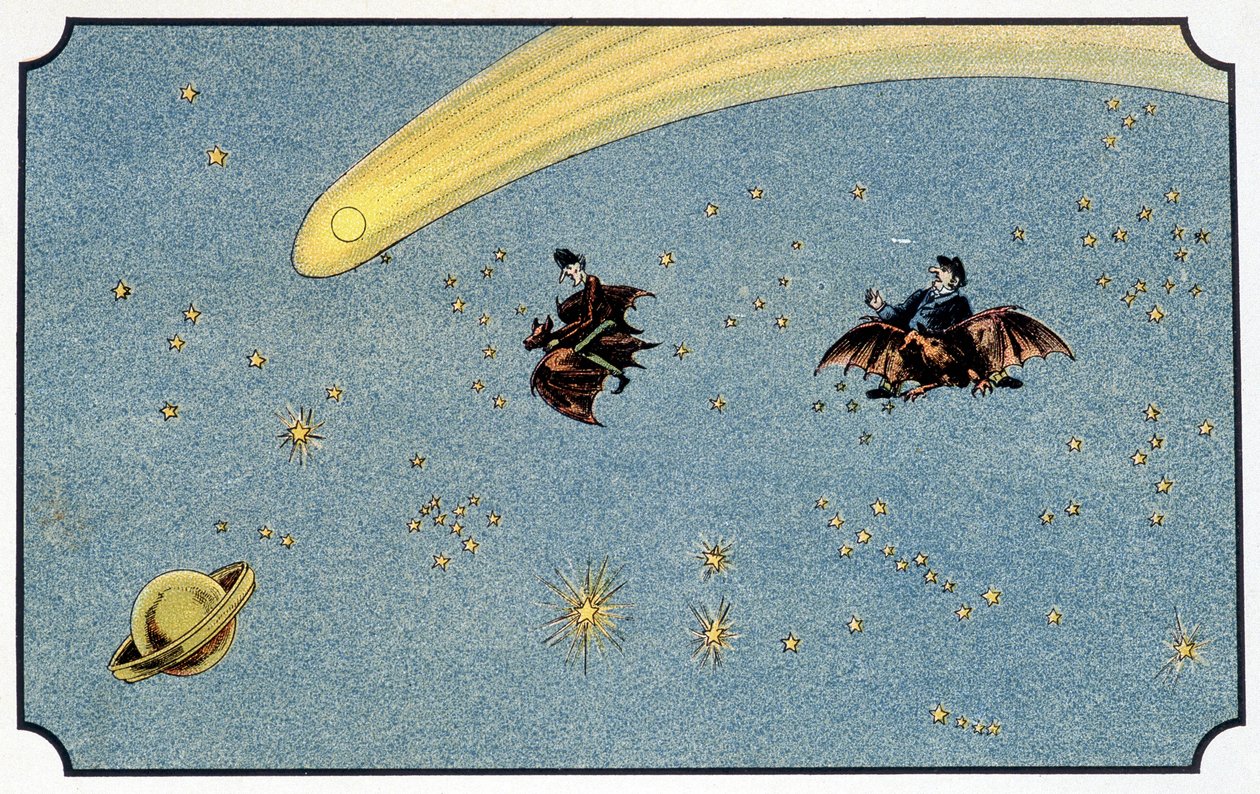 Mr. Baboulifiche and his servant Papavoine riding a bat in space - in 