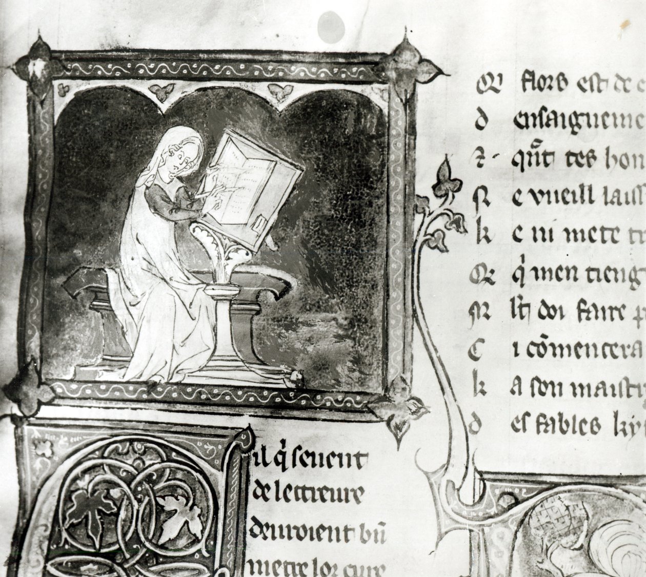 Marie de France (fl.12th Century) Writing, from an Anthology of French Poems, c.1280-90 (detail) by French School