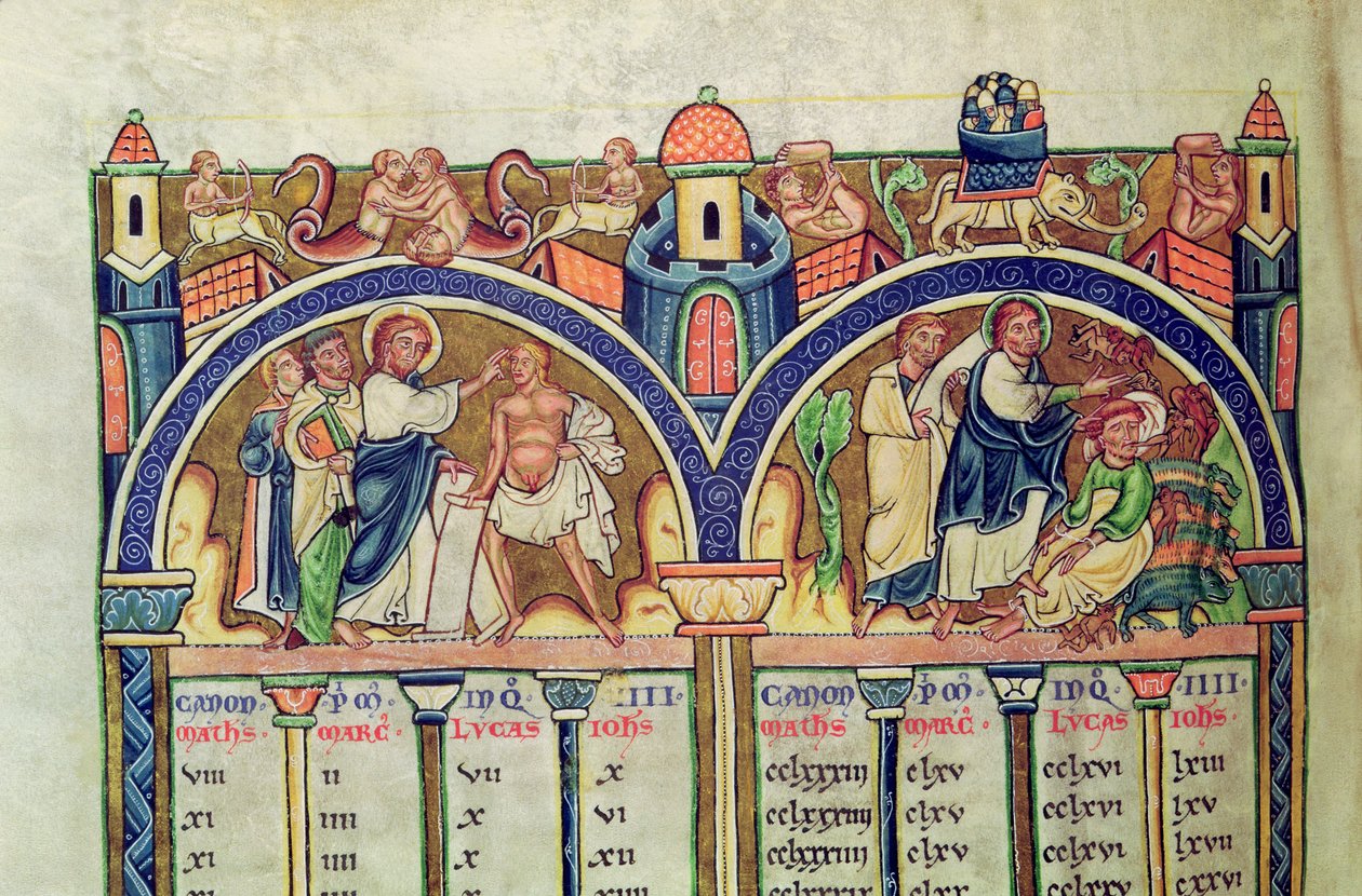 Canon of the Evangelists, detail depicting Christ healing the man with dropsy and casting out demons from a possessed man, from a Latin Bible by French School