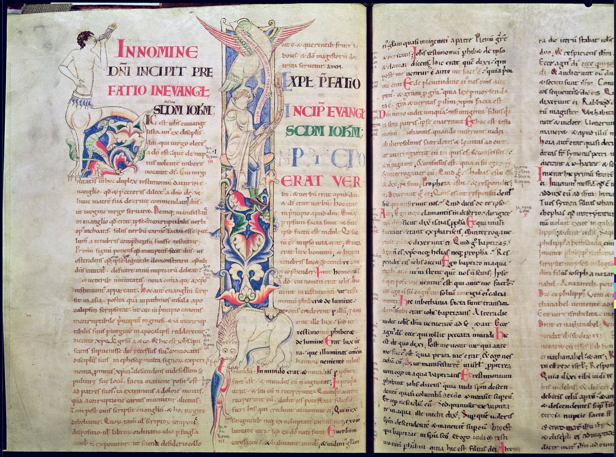 Historiated Initial H Depicting a Centaur and Historiated Initial I Depicting the Eagle of St. John Silencing the Heretic Arius, from the Gospel of St. John, Bible of St. Etienne by French School