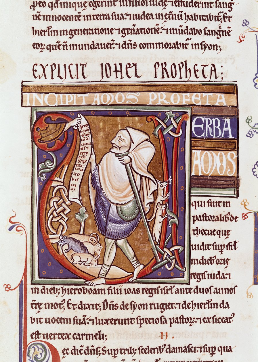 Ms 1 fol.194v Historiated initial V depicting Amos, from the Souvigny Bible by French School
