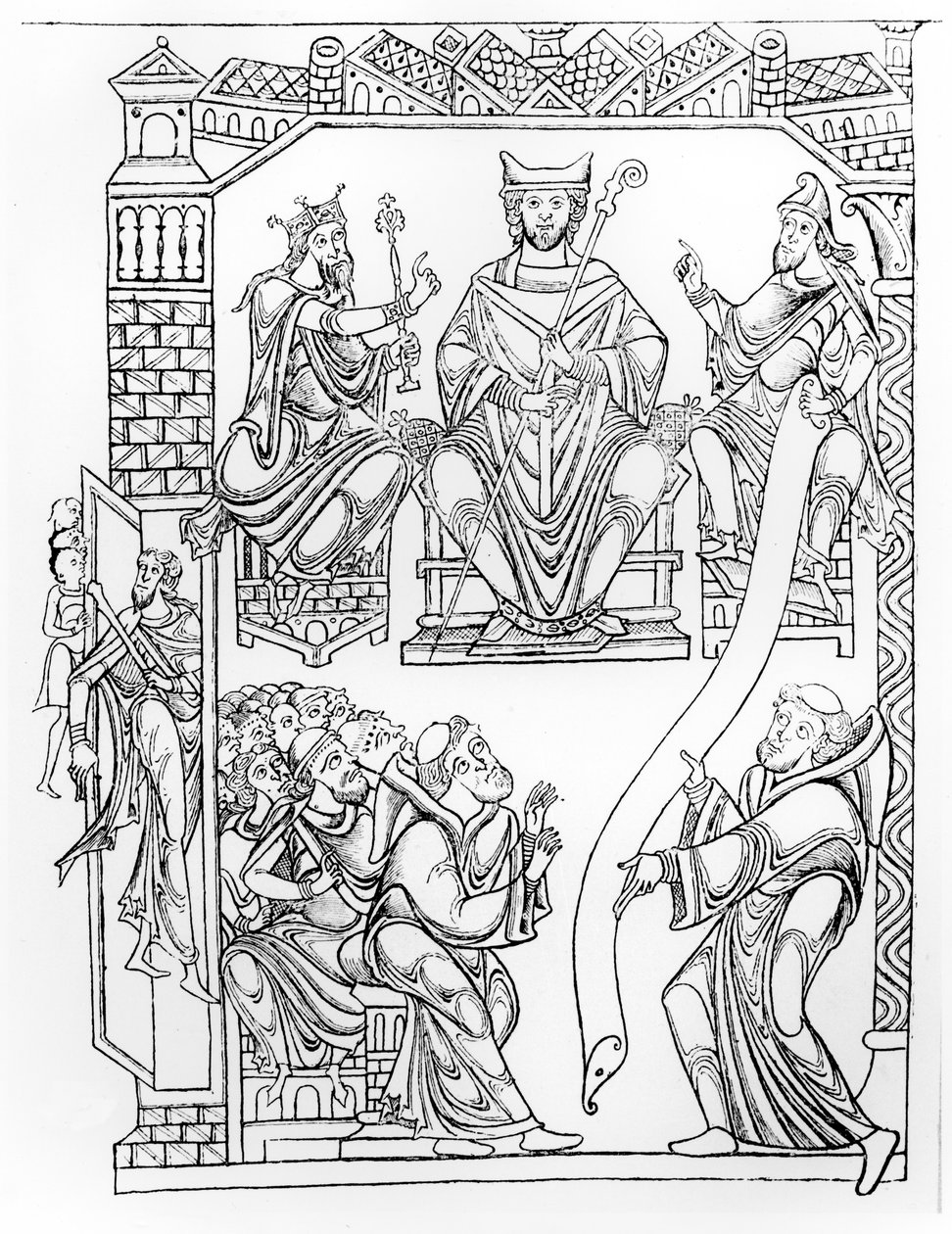 Cartulary of Mont Saint-Michel: Duke Richard II of Normandy making a gift of lands and privileges to the monastery of Mont St. Michel, (engraving after a drawing of the 1150s) by French School