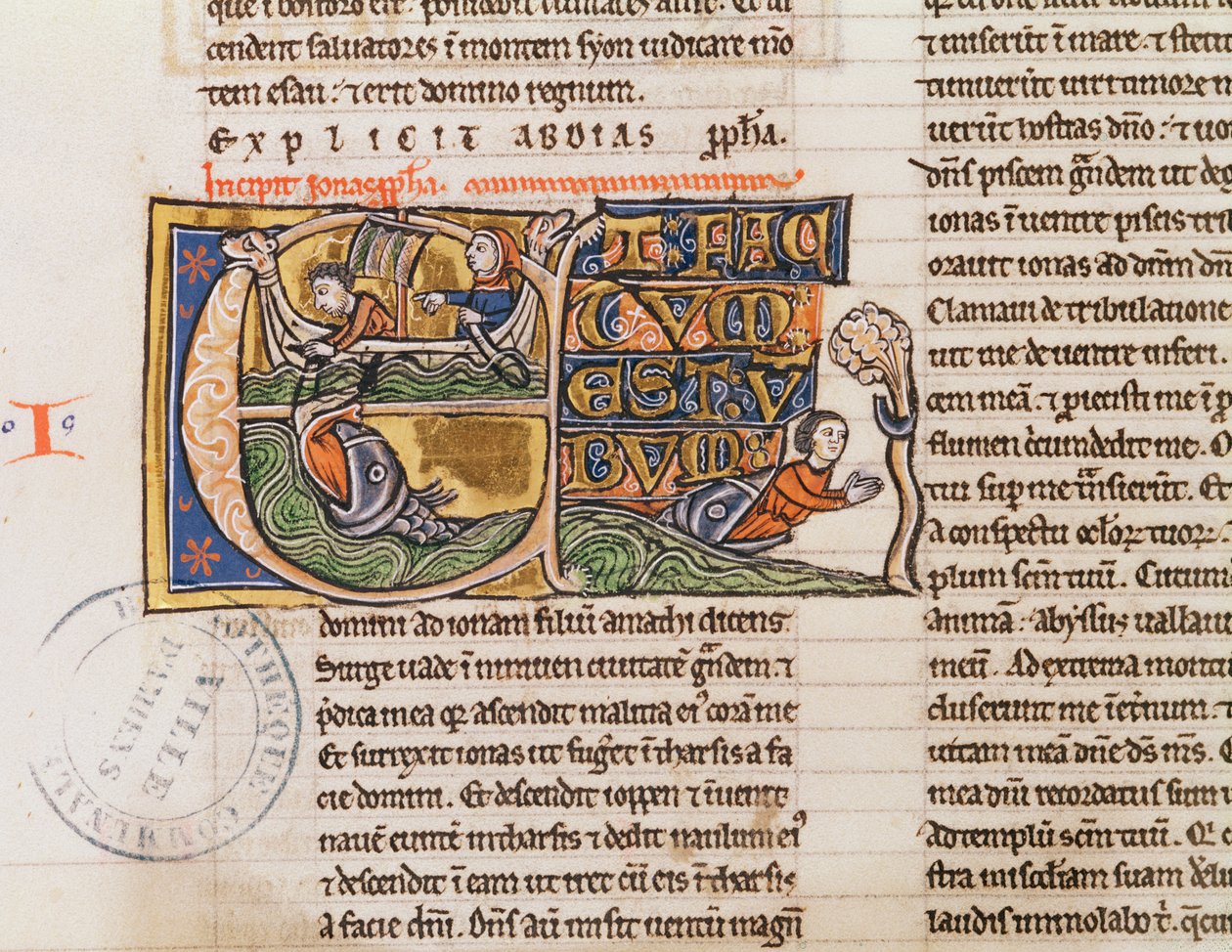 Historiated initial E depicting Jonah being Thrown into the Sea, from an unspecified bible by French School