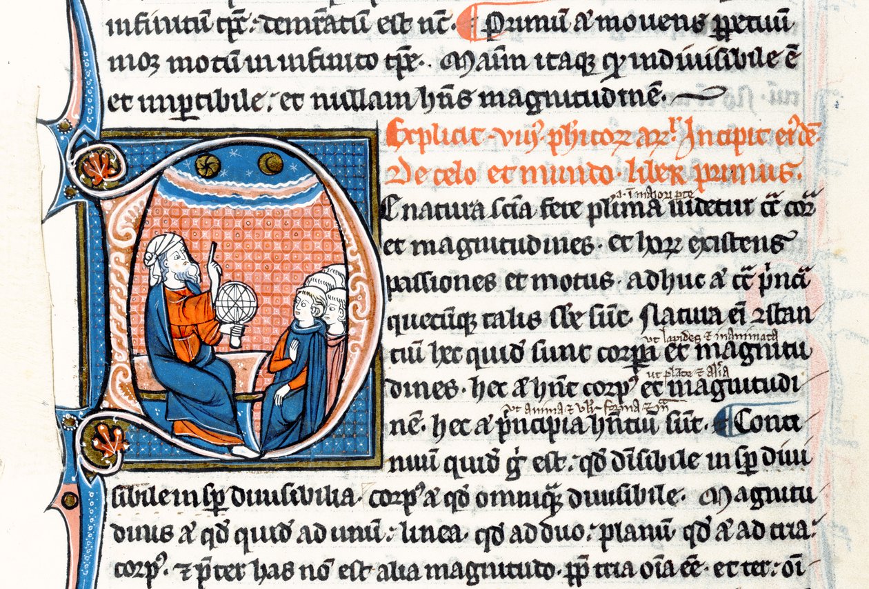 Historiated initial D depicting Aristotle holding an armillary sphere and pointing to the heavens as he teaches a group of clerics from Western Europe by French School
