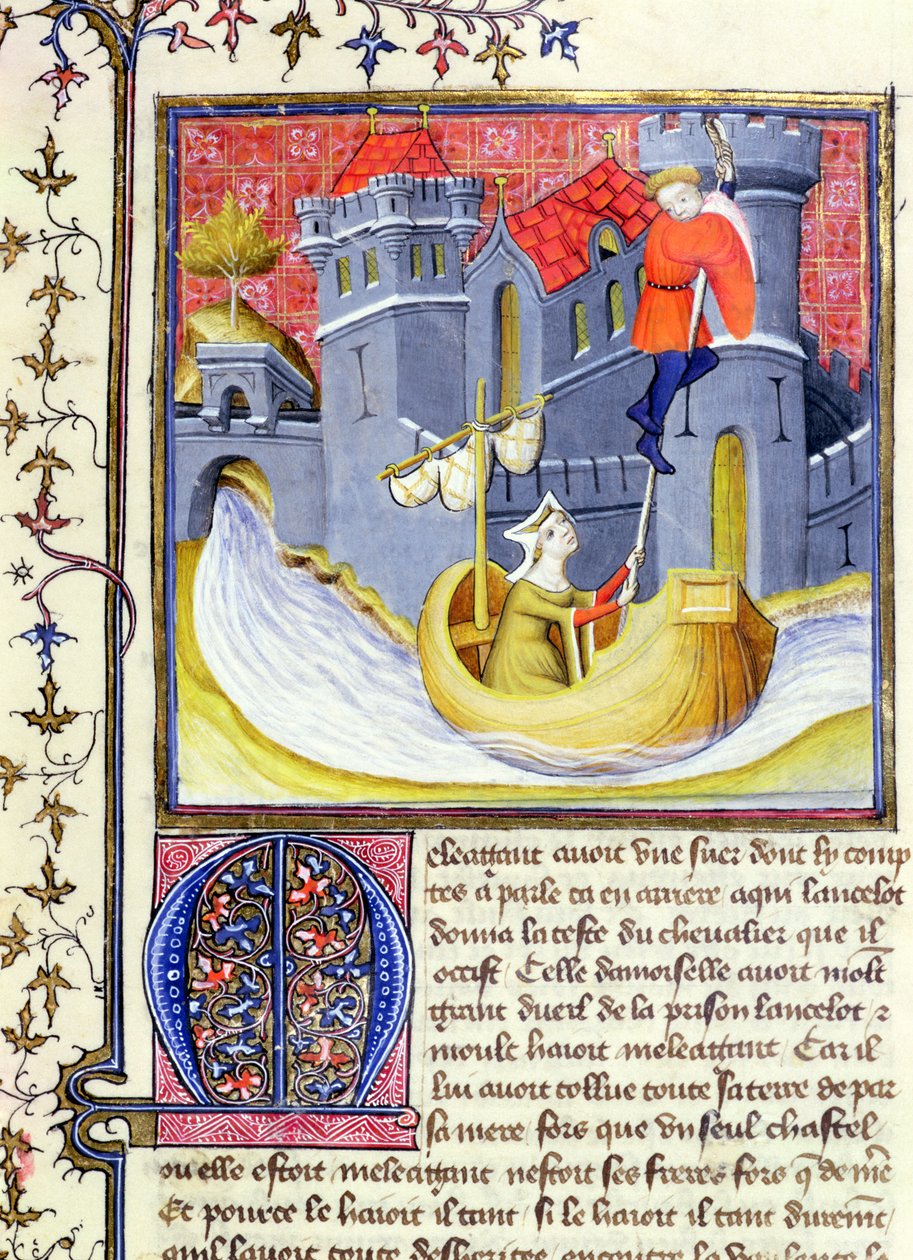 Knight escaping from a castle with the help of a lady, from the Livre de Messire Lancelot du Lac by French School