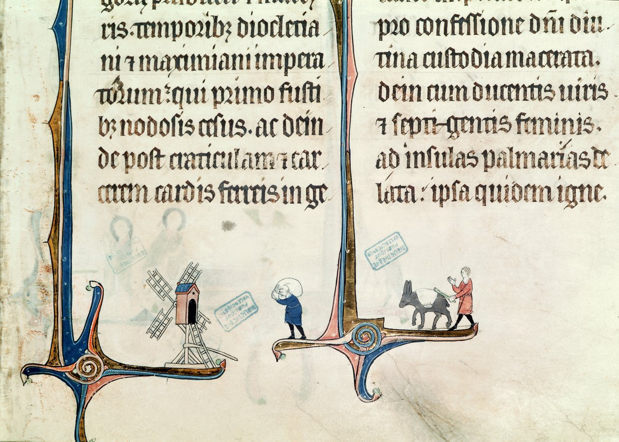 A Man Driving his Donkey Carrying Bags of Wheat to a Windmill, from Obituaire de Notre Dame de Pres, after 1270 by French School