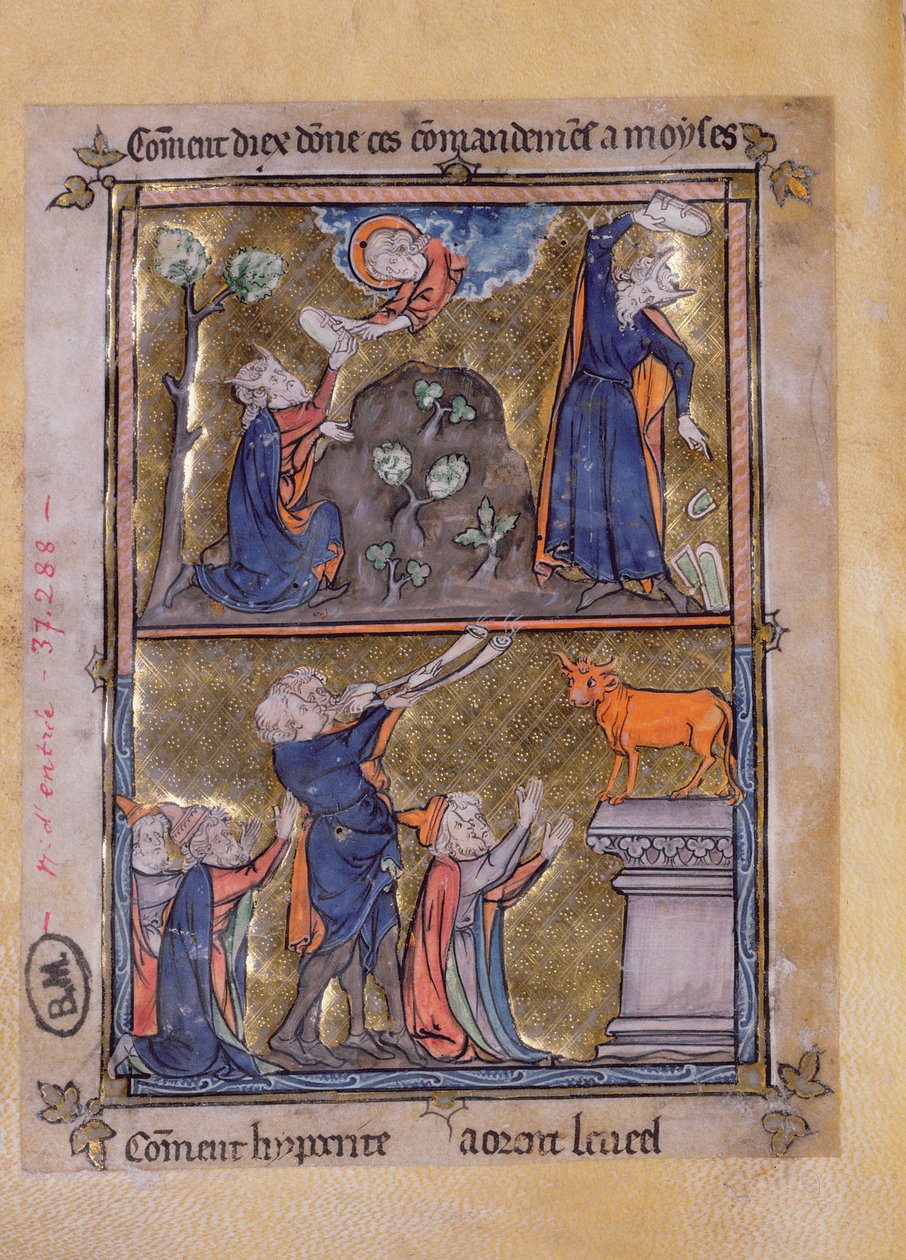 Moses on Mount Sinai and Moses and the Golden Calf, from La Somme le Roy by Frere Laurent, illuminated by Maitre Honore by French School