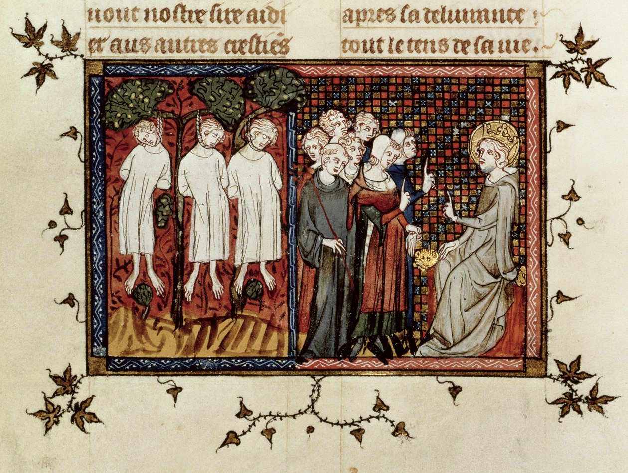 St. Louis pronouncing judgement and condemning Enguerrand de Coucy for hanging three young noblemen, from Life and Miracles of St. Louis by French School