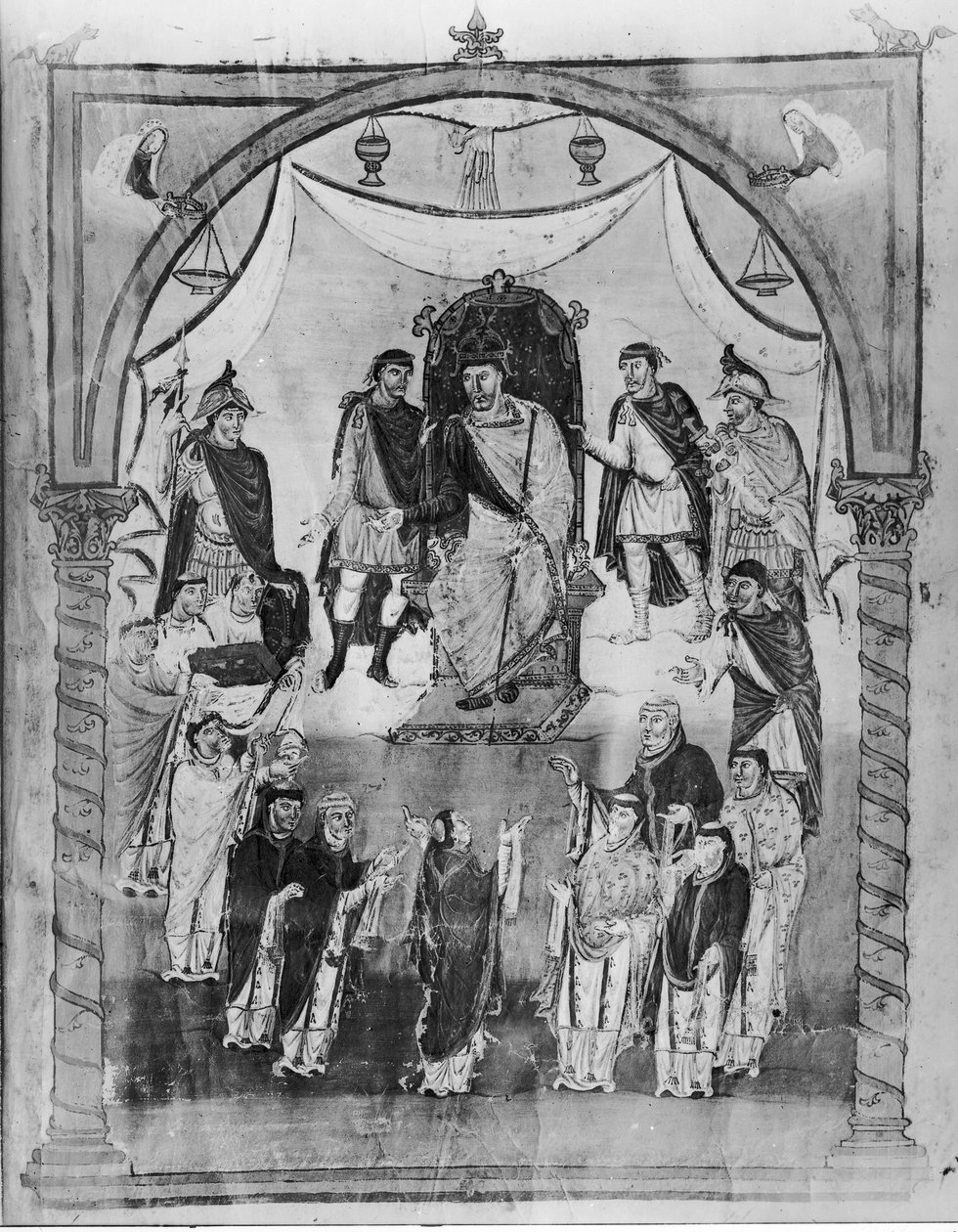 King Charles II Receiving a Bible from Count Vivian and the Monks of Saint-Martin de Tours, from the First Bible of Charles the Bald, c.843-51 by French School