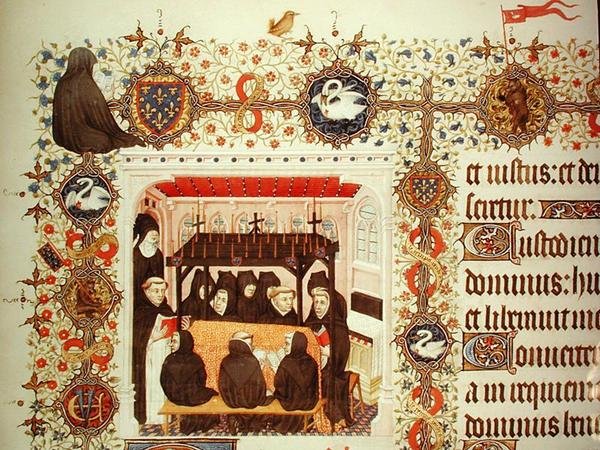 Mourning of the Duchess, with coats of arms and animal details, from the Grandes Heures de Duc de Berry by French School